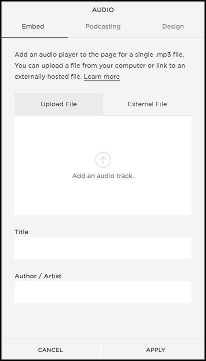 Squarespace audio block upload screen