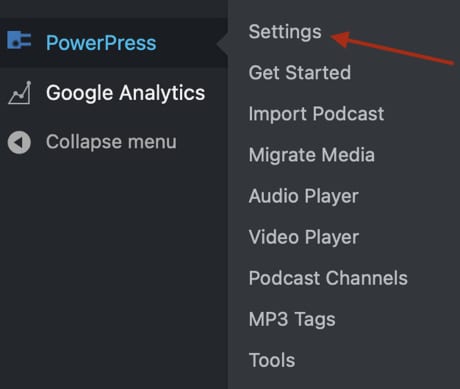 Change PowerPress show title: open PowerPress Settings in WordPress